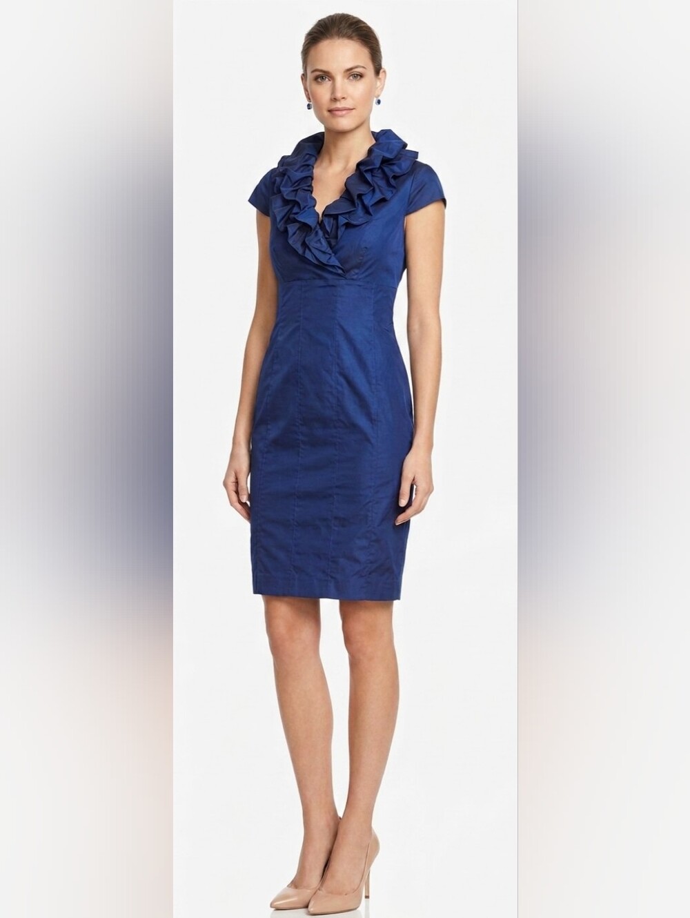 Adrianna Papell Royal Blue Taffeta Ruffle-Collar V-Neck Midi Sheath Dress Size 4